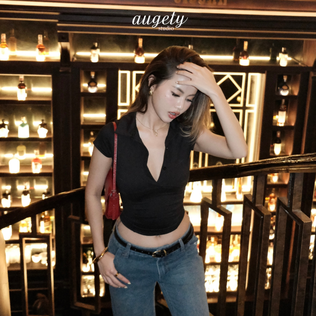 Áo Thun Polo Ôm Body Có Nút Augety Studio LETTIE TOP