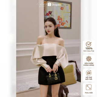Đầm lụa trễ vai phối kem & đen thanh lịch, thiết kế tay phồng Khiết phong cách tiệc sang trọng KD475