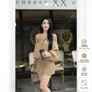 Đầm tơ trễ vai tay bồng đính hoa cài 3D phong cách năng động trẻ trung Khiết Style KD470