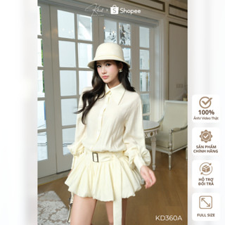 Đầm ngắn tone kem Khiết Style cổ sơ mi phối chân váy xòe bồng bềnh kèm dây thắt lưng phong cách thanh lịch KD360A