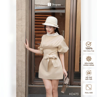 Đầm ngắn nâu be thiết Style kế tay phồng cổ trắng Khiết, phong cách thanh lịch mùa thu đông KD473