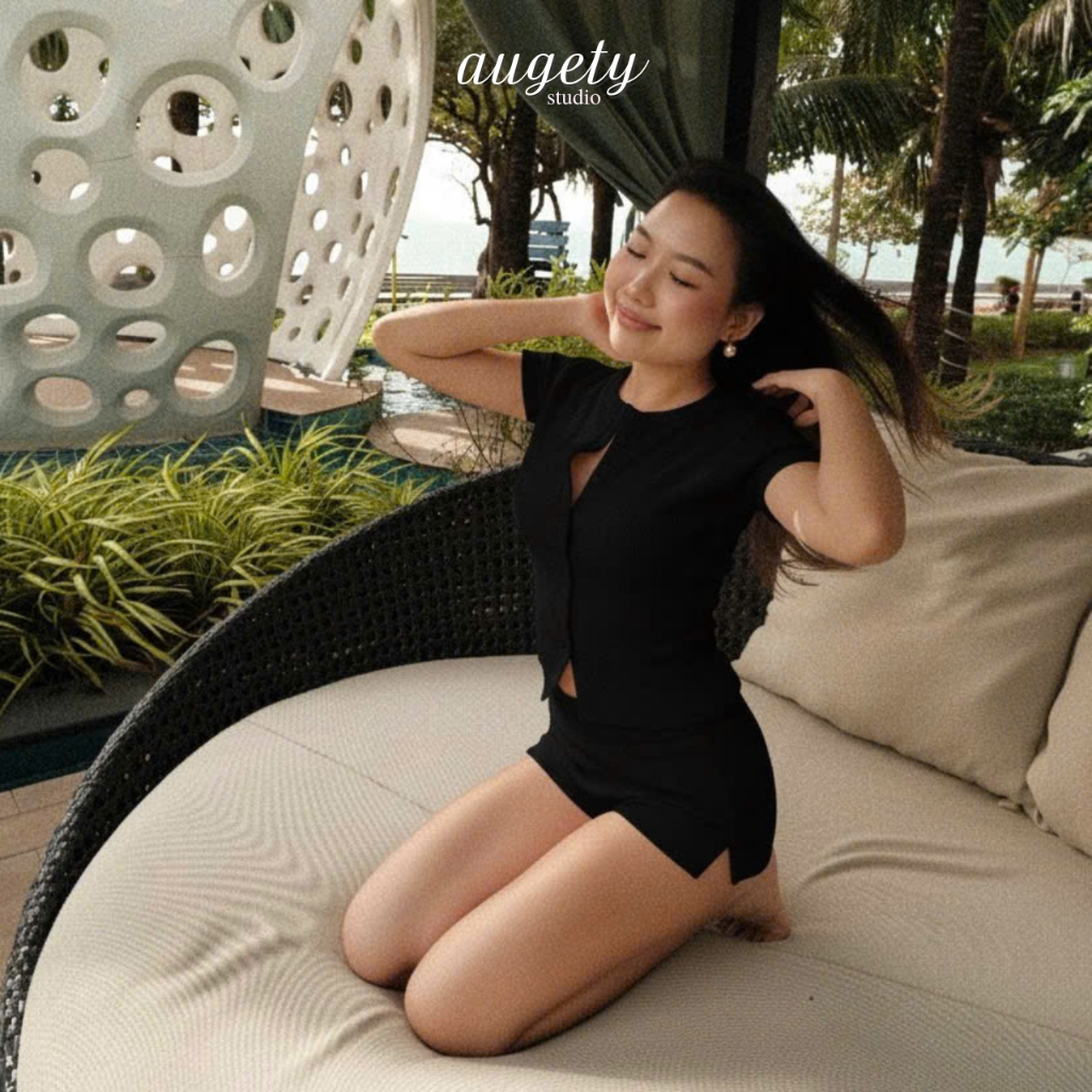 Set Áo Tay Ngắn Cài Nút Và Quần Short Lưng Gập Thun Gân Dày Dặn Co Giãn Augety Studio, BRUNEY Set