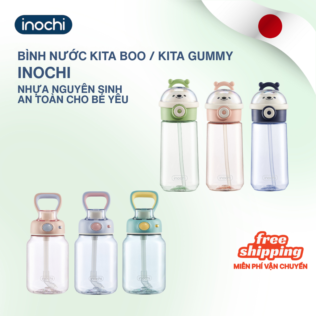 Bình nước KITA BOO, KITA GUMMY INOCHI có quai cầm, có ống hút dễ sử dụng cho bé,an toàn, vạch chia rõ ràng
