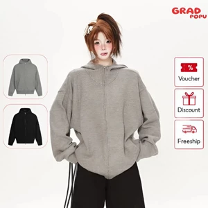 Áo khoác GRADPOPU dáng rộng có mũ trùm đầu và khóa kéo dành cho nữ thích hợp cho mùa xuân thu AK491