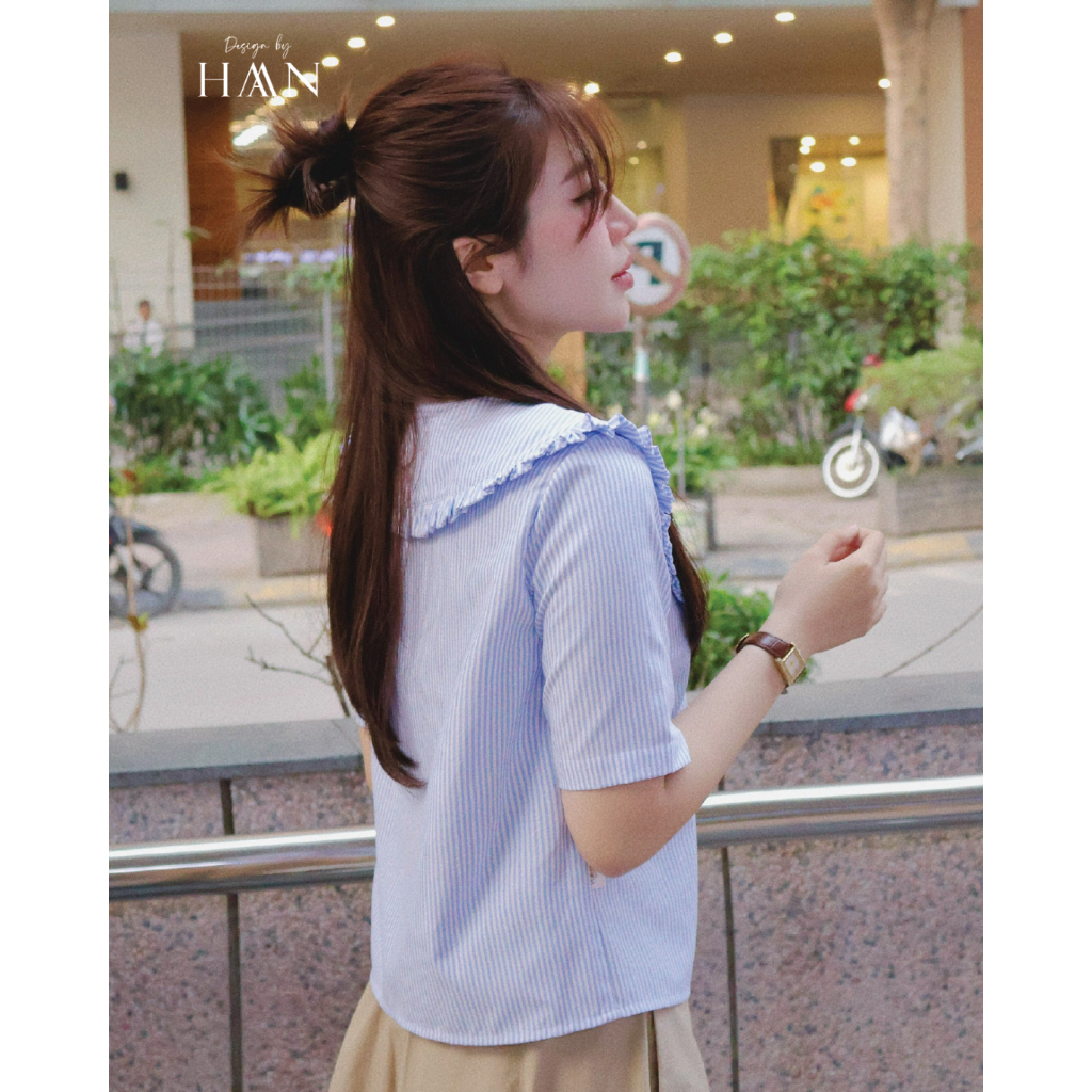Áo Sơ Mi Nữ Ngắn Tay Kẻ Xanh, Thiết Kế Cổ Vạt Bèo Dịu Dàng Thanh Lịch HAAN Design SM352