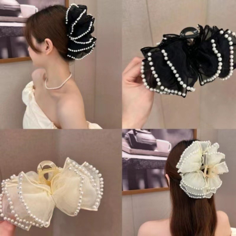 Kẹp Tóc Đính Hạt Ngọc Trai Nơ Đen Lấy Kẹp Retro Tất Cả Trận Đấu Phụ Kiện Tóc Thời Trang
