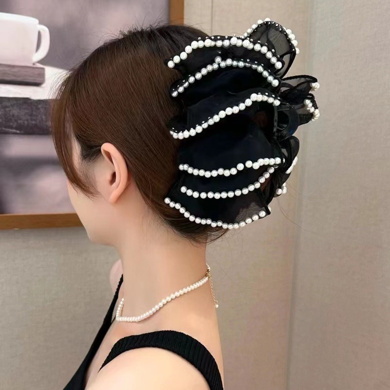 Kẹp Tóc Đính Hạt Ngọc Trai Nơ Đen Lấy Kẹp Retro Tất Cả Trận Đấu Phụ Kiện Tóc Thời Trang