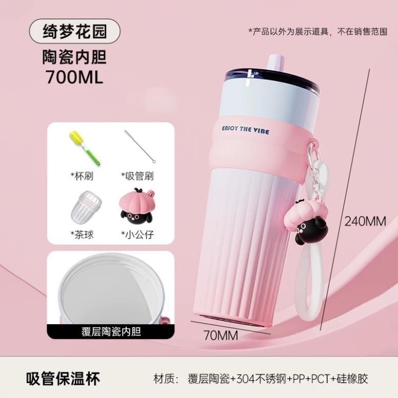 Ly giữ nhiệt dung tích 710ml có ống hút, bình giữ nhiệt nóng lạnh inox 316 cao cấp có quai xách tiện lợi