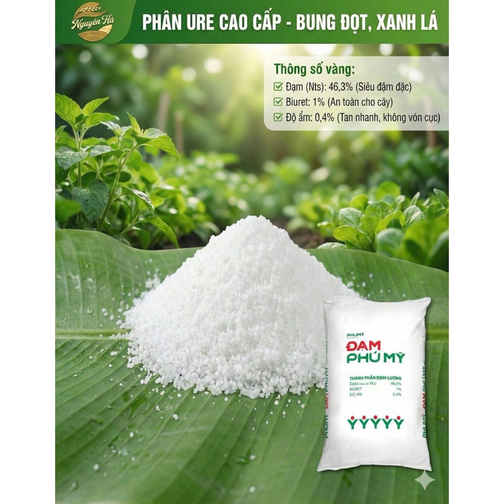 Phân Ure Phú Mỹ, đạm Phú Mỹ giúp cây đẻ nhánh, phân cành khoẻ, lá xanh đậm túi 200g, 500g
