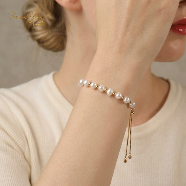 VT108 - Vòng tay bạc ngọc trai nước ngọt 7-8 li mạ vàng 18K, dây rút free size, Forever Young Pearl- Quà tặng 20/10