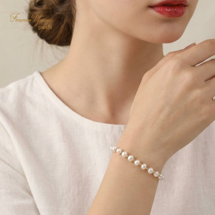 VT108 - Vòng tay bạc ngọc trai nước ngọt 7-8 li mạ vàng 18K, dây rút free size, Forever Young Pearl- Quà tặng 20/10