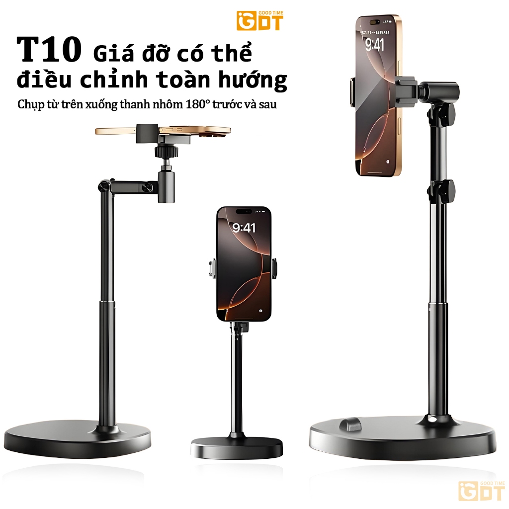 Giá đỡ điện thoại để bàn T10-Giá đỡ để bàn hỗ trợ quay 360° tùy chỉnh cao độ,góc quay-Hợp kim nhôm chắc chắn