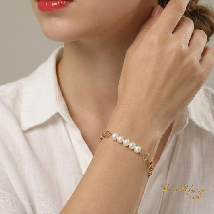 VT89 - Vòng Tay ngọc Trai Nước Ngọt 7-8 li, Phối Dây Mạ vàng 18K Hình Trái Tim