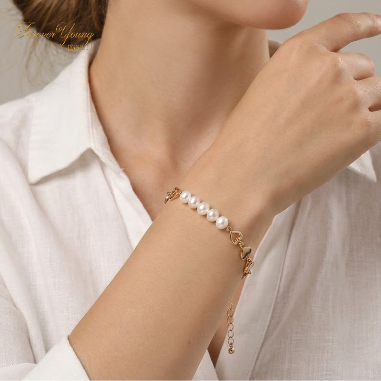 VT89 - Vòng Tay ngọc Trai Nước Ngọt 7-8 li, Phối Dây Mạ vàng 18K Hình Trái Tim