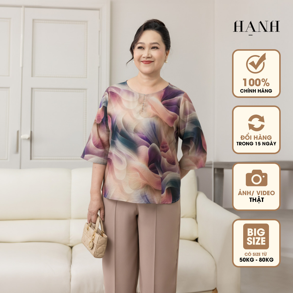 HẠNH - Áo kiểu trung niên tặng mẹ cổ tròn cổ đính bi tay lỡ chất liệu lụa 2472/5.15/4.599