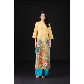 SWANLAKE | Áo Dài Nữ Cách Tân Suông Cổ Trụ Tay Lỡ Vải Linen Lụa In Họa Tiết Cá Chép Tết L13097
