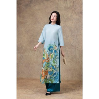 SWANLAKE | Áo Dài Nữ Cách Tân Suông Cổ Trụ Tay Lỡ Vải Linen Lụa In Họa Tiết Cá Chép Tết L13097