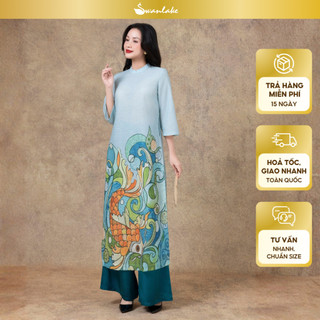 SWANLAKE | Áo Dài Nữ Cách Tân Suông Cổ Trụ Tay Lỡ Vải Linen Lụa In Họa Tiết Cá Chép Tết L13097