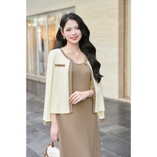Áo Cardigan Cổ Tròn Phối Màu Phối Đầm Xoè Sát Nách Đệm Ngực LAMER L65C25T012 L63L25T003