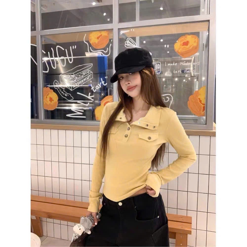 (sẵn) Áo dài tay chất tăm cổ lọ đứng khuy cài nắp túi ngực màu đen kem vàng phong cách Hàn Quốc ATDT071 - Tiktik