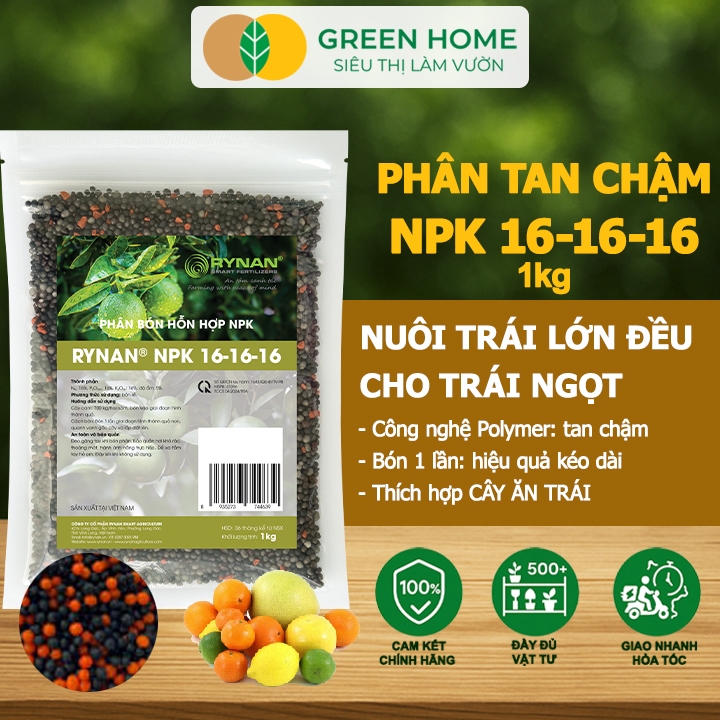 Phân Tan Chậm GreenHome, Rynan NPK 16-16-16, Túi 1kg, Dùng Cho Cây Có ...