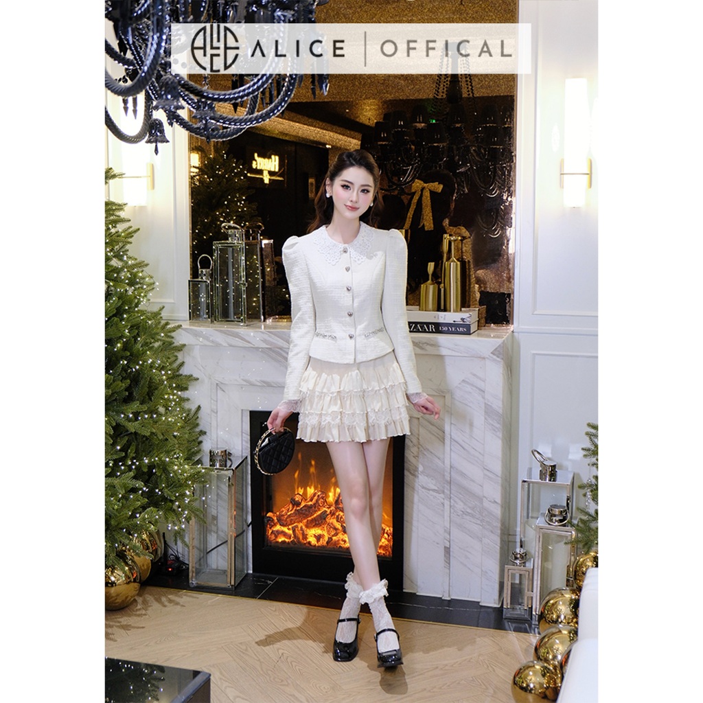 Set Váy Thu Đông Alice Áo Chất Dạ Tweet Cao Cấp Cổ Phối Ren, Chân Váy Nhiều Tầng Tơ Phối Ren Tiểu Thư S1012