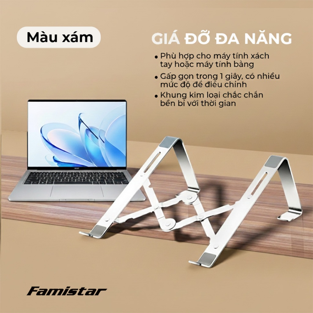 Giá Đỡ LapTop Tản Nhiệt Độ Cao Công Thái Học Ngang Tầm Mắt - Chịu Lực Lên Đến 10KG GD09 Famistar