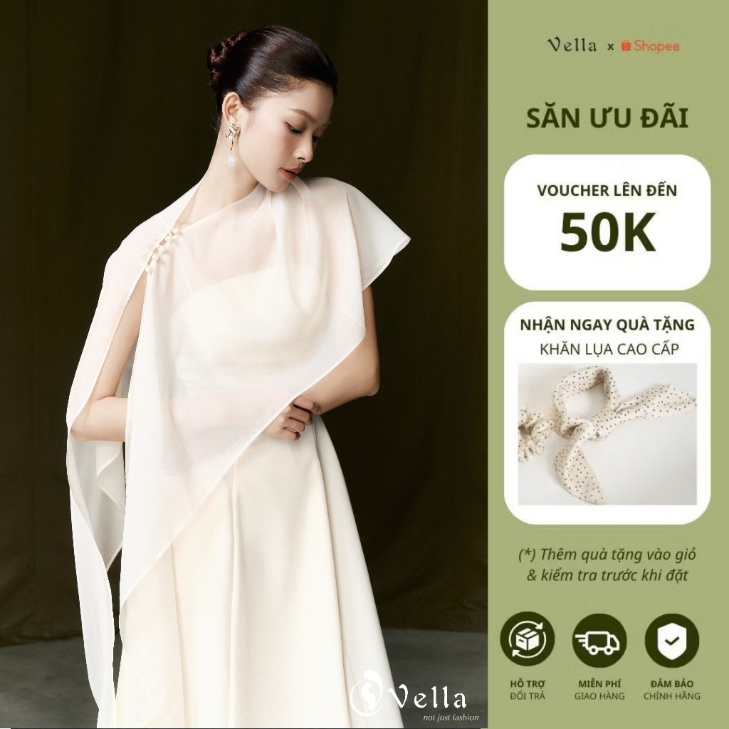 Đầm xòe midi 2 dây khoác áo choàng voan lệch vai dự tiệc màu trắng kem, đen Vella VD25090