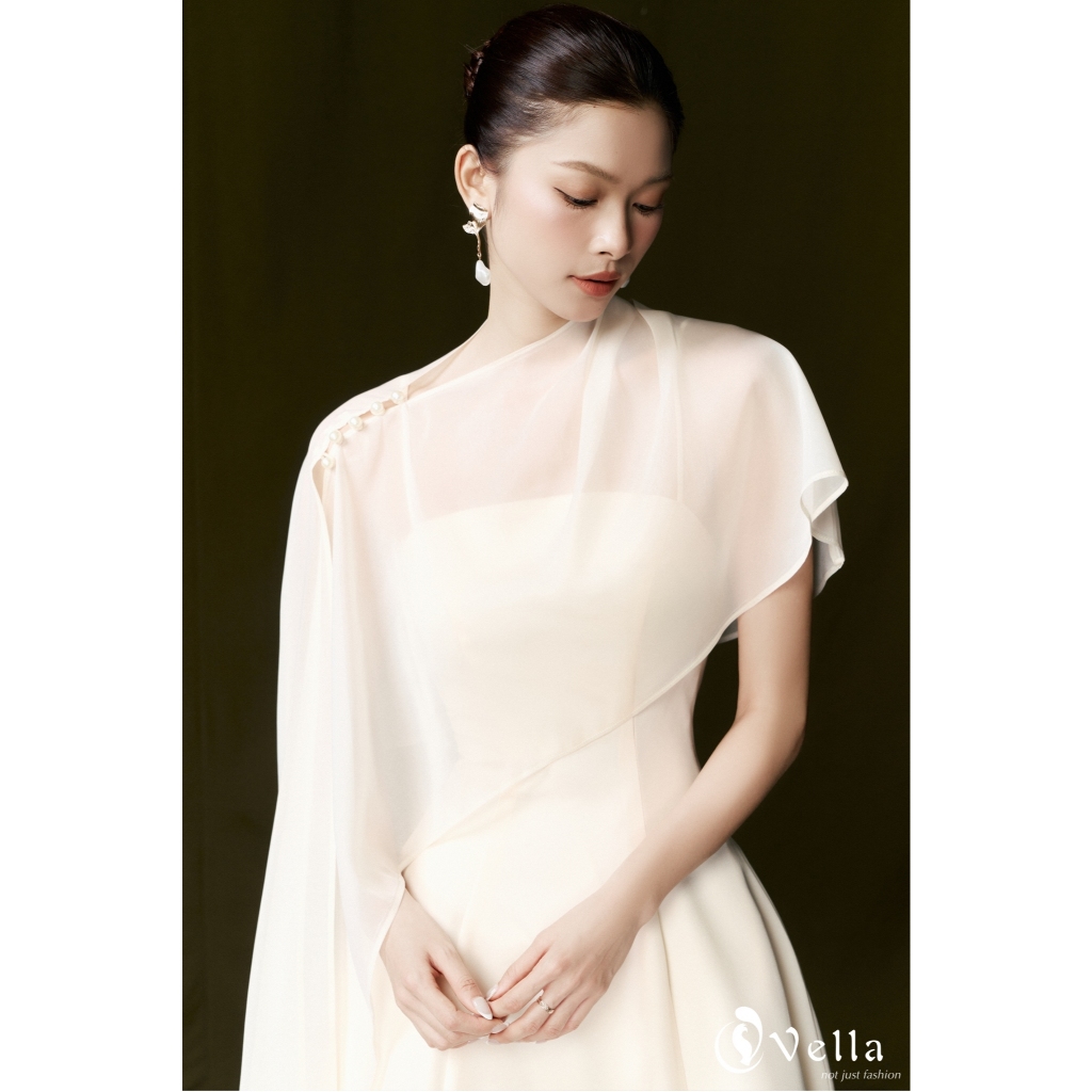 Đầm xòe midi 2 dây khoác áo choàng voan lệch vai dự tiệc màu trắng kem, đen Vella VD25090