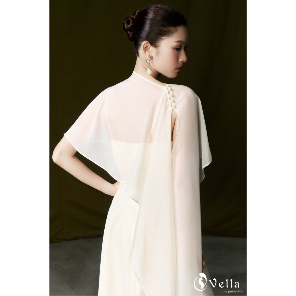 Đầm xòe midi 2 dây khoác áo choàng voan lệch vai dự tiệc màu trắng kem, đen Vella VD25090