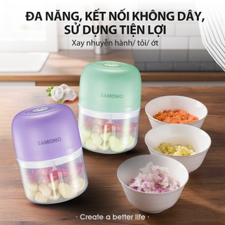 Dụng cụ xay tỏi ớt, thực phẩm Samono, 250ml, lưỡi dao xay bén, nút nhấn rút tiện lợi, pin sạc 800MAH
