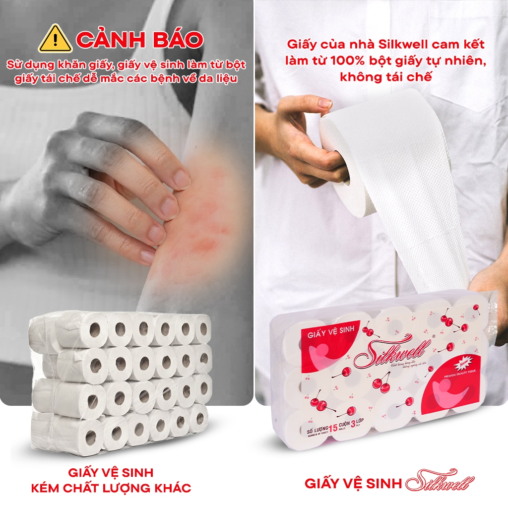 Giấy vệ sinh Silkwell Cherry 15 cuộn 3 lớp có lõi, chất giấy siêu dai, nềm mịn, an toàn tuyệt đối cho da