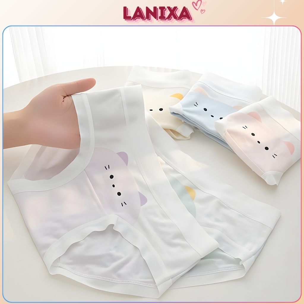 Quần lót nữ cotton kháng khuẩn cạp vừa tôn dáng, Quần chip nữ họa tiết mèo dễ thương LANIXA L1164