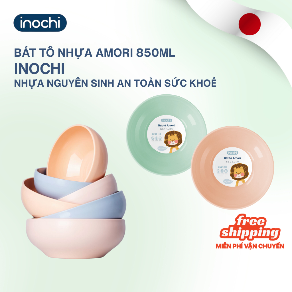 Bát nhựa ăn dặm cho bé 850ml Inochi Amori nhựa nguyên sinh kháng khuẩn Ag+ loại lớn, an toàn cho bé