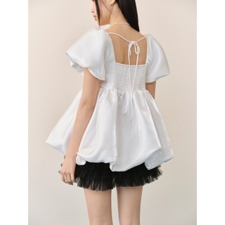 Áo babydoll OLV ánh kim cổ vuông đứng form White Tafta Puff Top phù hợp đi chơi đi tiệc nhẹ