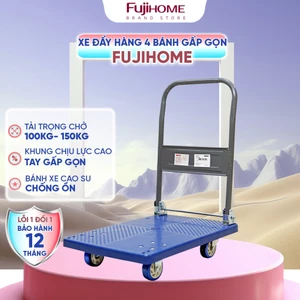 Xe kéo hàng 4 bánh 150kg gấp gọn FUJIHOME, xe đẩy hàng xếp gọn sàn nhựa thép siêu chịu lực, bánh xe chống ồn