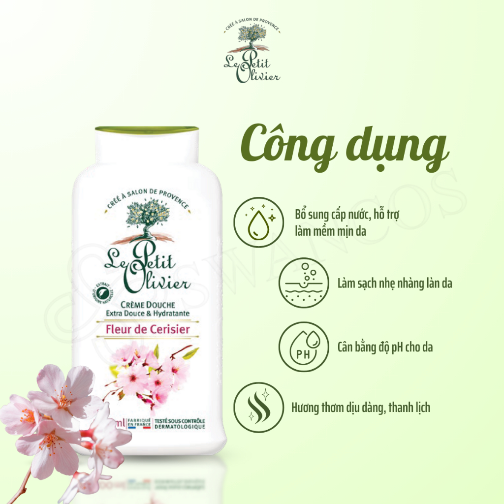 [500ml] Sữa Tắm Dưỡng Ẩm Le Petit Olivier Nước Hoa Pháp Hương Hoa Anh Đào Thơm Lâu, Dịu Da, Sáng Da