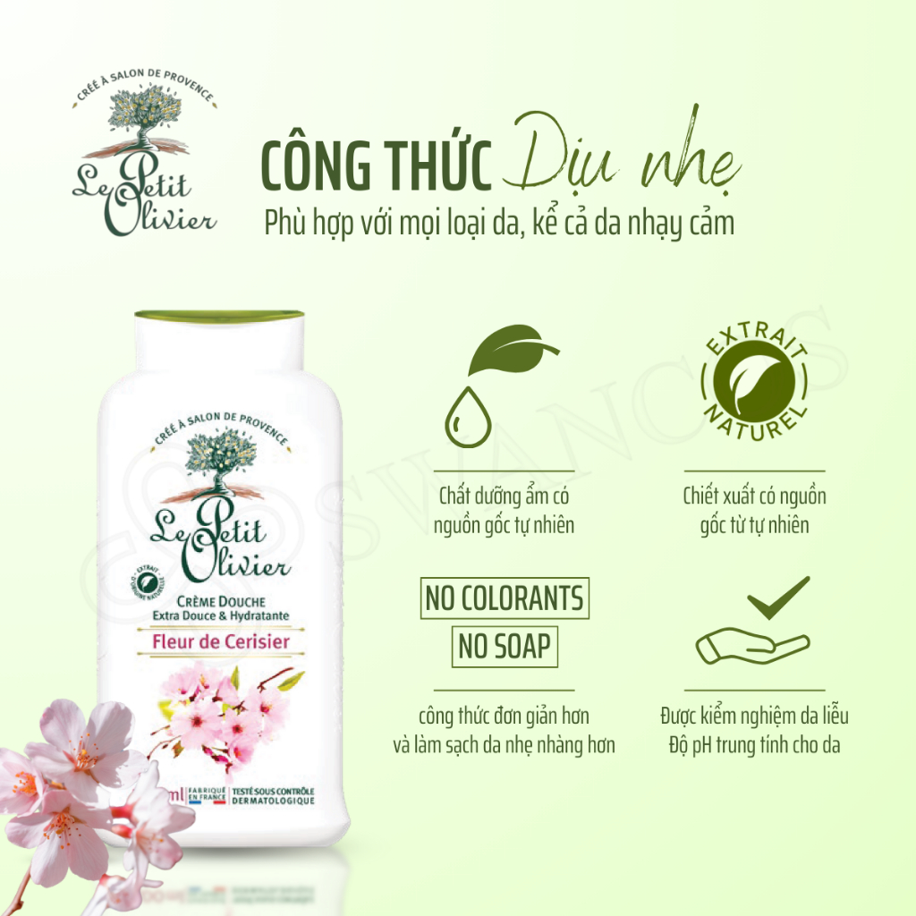 [500ml] Sữa Tắm Dưỡng Ẩm Le Petit Olivier Nước Hoa Pháp Hương Hoa Anh Đào Thơm Lâu, Dịu Da, Sáng Da