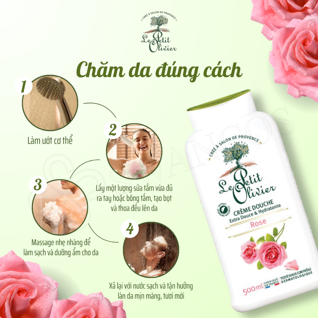 [500ml] Sữa Tắm Thiên Nhiên Le Petit Olivier Nước Hoa Pháp Hương Hoa Hồng Làm Dịu Da, Dưỡng Ẩm Sâu Thơm Lâu