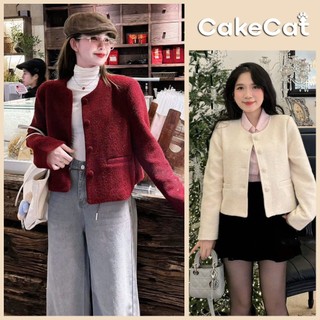 Áo Khoác Dạ Xù Cổ Tròn Dáng Ngắn 2 Túi Cúc Bọc Phong Cách Hàn Quốc Diện Tết Sang Chảnh Cakecat