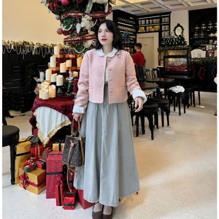 Áo Khoác Dạ Xù Cổ Tròn Dáng Ngắn 2 Túi Cúc Bọc Phong Cách Hàn Quốc Diện Tết Sang Chảnh Cakecat