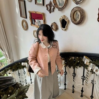 Áo Khoác Dạ Xù Cổ Tròn Dáng Ngắn 2 Túi Cúc Bọc Phong Cách Hàn Quốc Diện Tết Sang Chảnh Cakecat