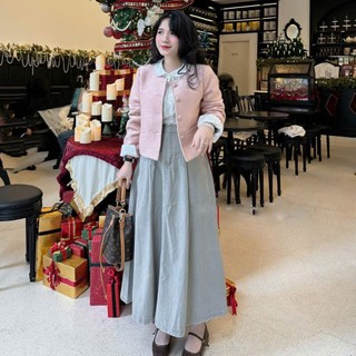 Áo Khoác Dạ Xù Cổ Tròn Dáng Ngắn 2 Túi Cúc Bọc Phong Cách Hàn Quốc Diện Tết Sang Chảnh Cakecat
