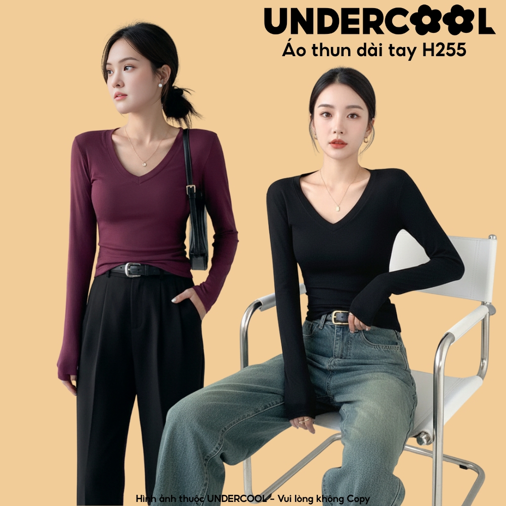 Áo Thun Cổ Tim Dài Tay Nữ UNDERCOOL Ôm Body, Co Giãn, Giữ Ấm, Ôm Body, Basic, Hàn Quốc, Chất Thun Lạnh 9 Màu ,live H255