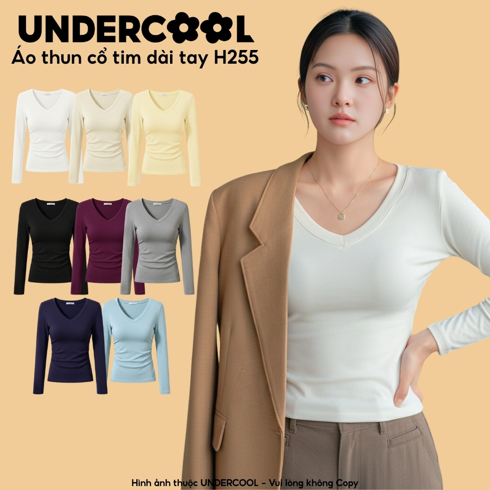 Áo Thun Cổ Tim Dài Tay Nữ UNDERCOOL Ôm Body, Co Giãn, Giữ Ấm, Ôm Body, Basic, Hàn Quốc, Chất Thun Lạnh 9 Màu ,live H255
