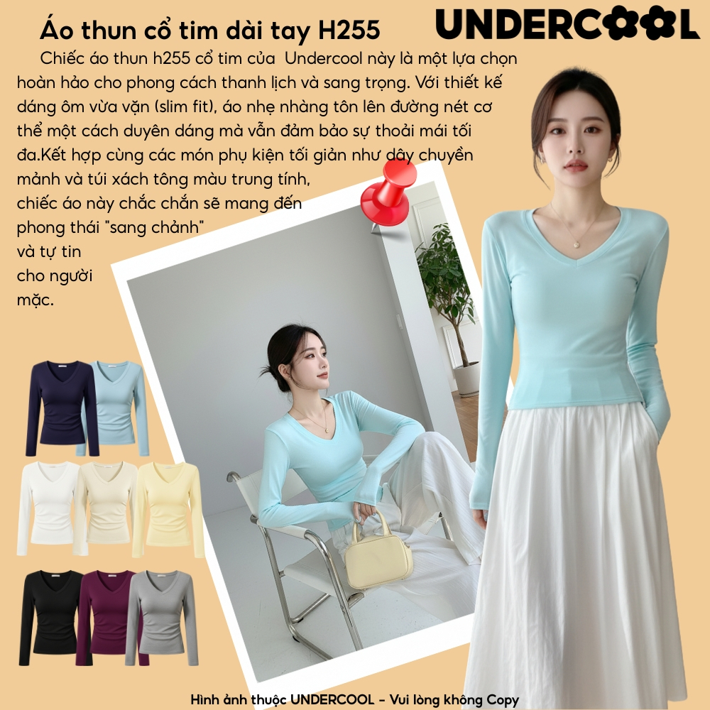 Áo Thun Cổ Tim Dài Tay Nữ UNDERCOOL Ôm Body, Co Giãn, Giữ Ấm, Ôm Body, Basic, Hàn Quốc, Chất Thun Lạnh 9 Màu ,live H255
