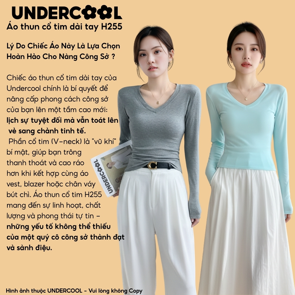 Áo Thun Cổ Tim Dài Tay Nữ UNDERCOOL Ôm Body, Co Giãn, Giữ Ấm, Ôm Body, Basic, Hàn Quốc, Chất Thun Lạnh 9 Màu ,live H255