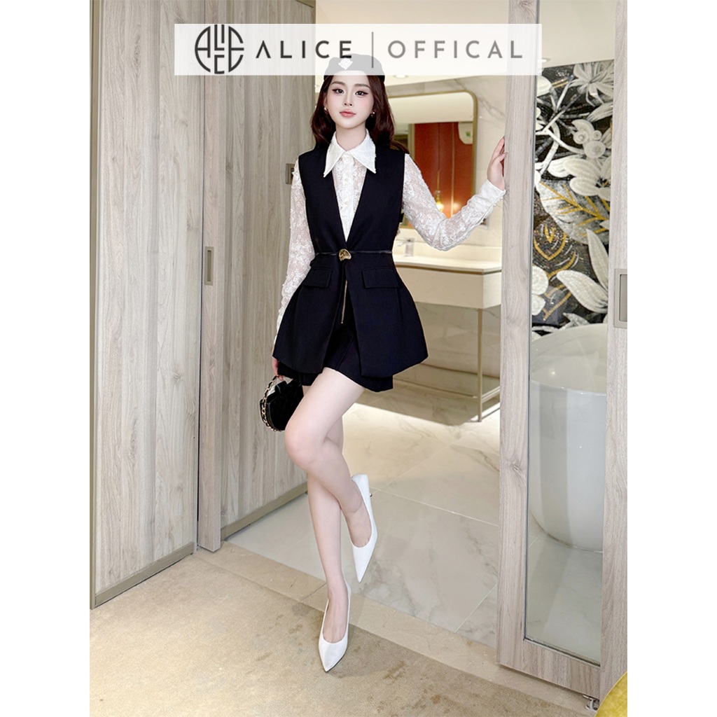 Set Đồ Thanh Lịch Alice 3 Chi Tiết, Áo Sơ Mi Ren Hoa Nổi Phối Gile Và Quần Đùi Ống Rộng Cạp Cao Khóa Kéo S968+A971