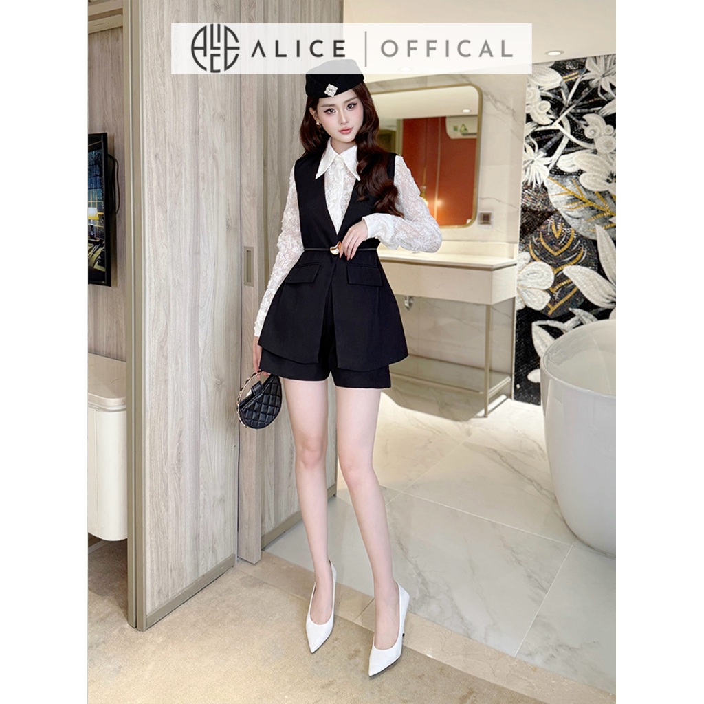 Set Đồ Thanh Lịch Alice 3 Chi Tiết, Áo Sơ Mi Ren Hoa Nổi Phối Gile Và Quần Đùi Ống Rộng Cạp Cao Khóa Kéo S968+A971