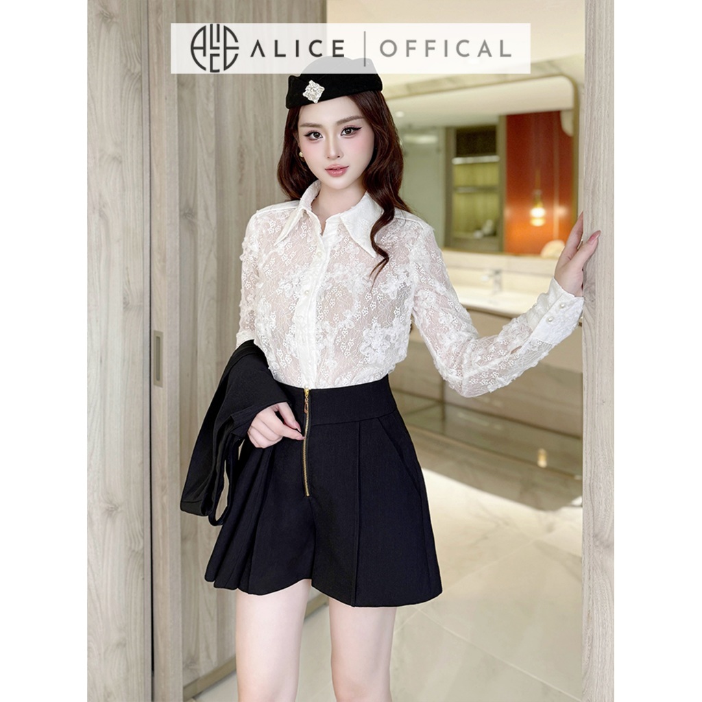 Set Đồ Thanh Lịch Alice 3 Chi Tiết, Áo Sơ Mi Ren Hoa Nổi Phối Gile Và Quần Đùi Ống Rộng Cạp Cao Khóa Kéo S968+A971